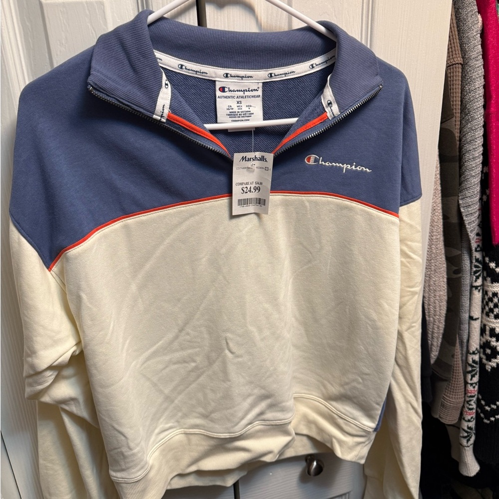 Champion Women's Zip-Up Cropped Sweater in Purple and Cream